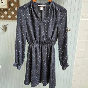 H&M Dark Grey and White Polka Dot Long Sleeve Satin Dress